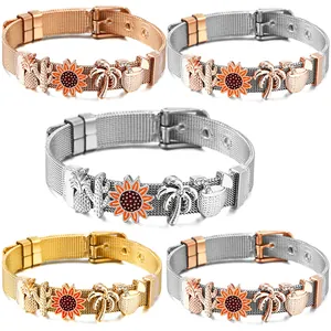 Edelstahl Netzband Charms Armband Für Damen Herren Tropisch Kaktus Ananas Sonnenblume Emaille Verstellbar Schmuck Geschenk