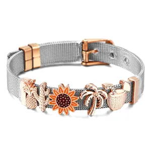 10mm Edelstahl-Netzarmband im Tropen-Stil mit Kaktus- und Ananas-Anhängern