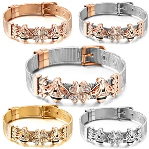 Damen Edelstahl Mesh Armband Mit Biene Kleeblatt MUM Charms Gold Roségold Strass Verstellbares Charm Armband Schmuck Geschenk