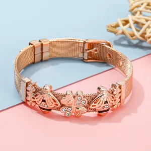 Roségoldenes Edelstahl-Mesh-Armband mit Bienen-Anhängern und MUM-Kleeblatt