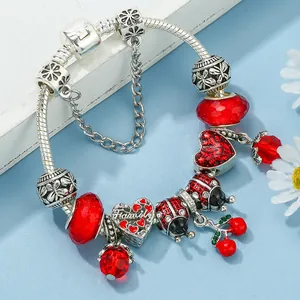 Red cherry and ladybug charm bracelet with silver snake chain and family heart pendant