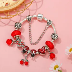 Classic silver snake chain bracelet with red cherry, ladybug charms and heart pendant