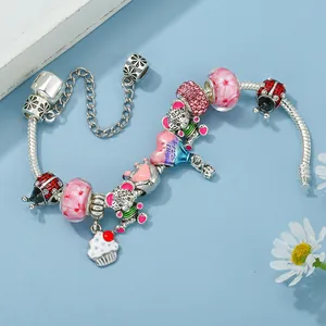 Silver snake chain charm bracelet with pink bear, cupcake and heart beads for women