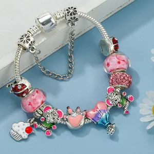 Silver snake chain charm bracelet with pink floral beads and cute bear charms