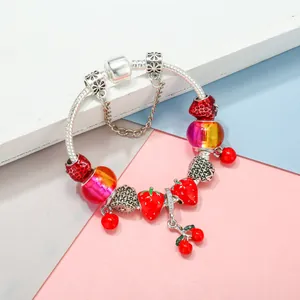 DIY fruit series charm bracelet with strawberry and cherry pendants in silver finish