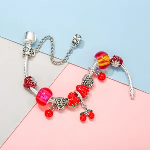 DIY Strawberry Charms Bracelet with red glass beads and silver snake chain for women