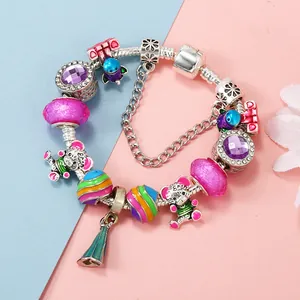 Pandora style charm bracelet with colorful beads and cute bear pendants on snake chain
