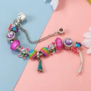 Cute pink beaded bracelet with bear charms and colorful crystals on silver snake chain