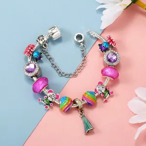 Sweet cartoon Bichon style DIY charm bracelet with colorful beads and silver snake chain