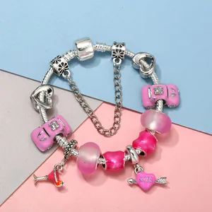 Pink heart and arrow beaded charm bracelet with silver snake chain and glass beads