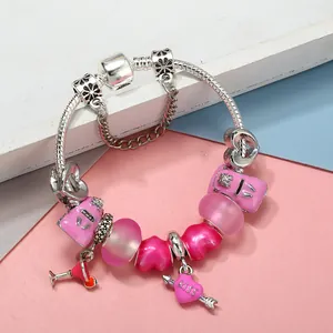 Pink heart and glass bead charm bracelet with kiss arrow pendant on silver chain