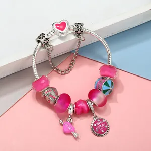 Pink charm bracelet with silver snake chain, glass beads and happy birthday pendant