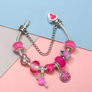 DIY silver snake chain bracelet with pink glass beads and heart charm pendants