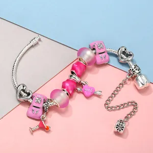 Pink heart charm bracelet with glass beads and silver snake chain for women