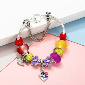 DIY silver snake chain bracelet with colorful fruit enamel charms and flower pendant