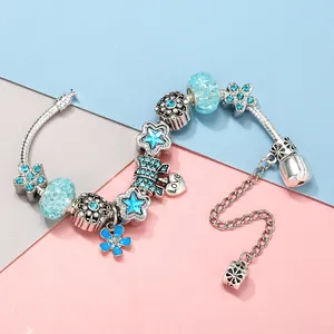 Blauwe bedelarmband met bloemkralen, olifant hanger en hartvormige hanger voor dames