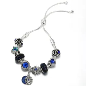 Fashion Women Alloy Blue Beaded Charm Bracelet Adjustable Heart Star Snowflake Pendant Bracelet Teen Girls Jewelry Gift