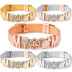 10mm Edelstahl Geflochtenes Armband Für Damen Mit Legierung Strass MOM Anhänger Weinglas Charm Muttertag Mode Schmuck Geschenk