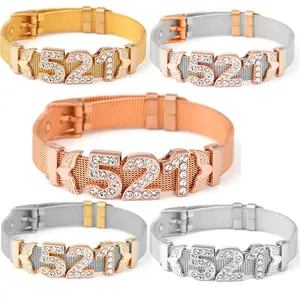 Women Stainless Steel Mesh Strap Bracelet Rhinestone Heart Wings 521 Charm Adjustable Watch Band Style Jewelry Gift