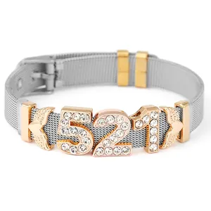 Detailed shot of stainless steel mesh bracelet with 521 crystal buckle and pin clasp