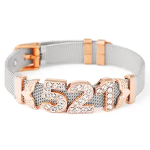 Mesh strap bracelet in silver and rose gold with crystal-encrusted 521 charm and heart wings