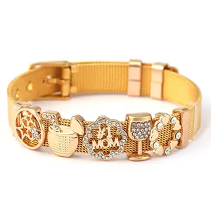 Golden 10mm stainless steel mesh bracelet with star and #1 MOM charms for women