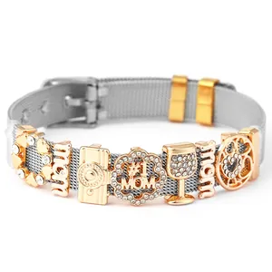 Détails du bracelet en maille d'acier inoxydable avec breloques Mom et perles en strass