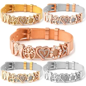 Women Fashion Stainless Steel Mesh Watch Band Bracelet DIY Heart Wings Tree Of Life Charms Adjustable Jewelry Bracelet