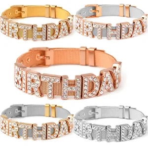 Fashion Stainless Steel Mesh Bracelet With Rhinestone Birthday Letter Charms Adjustable Pin Buckle Jewelry For Women Gift