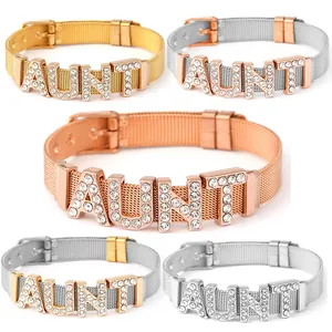 Fashionable Stainless Steel Mesh Bracelet For Women Rhinestone AUNT Letter Bangle Adjustable Watch Band Style Jewelry Gift