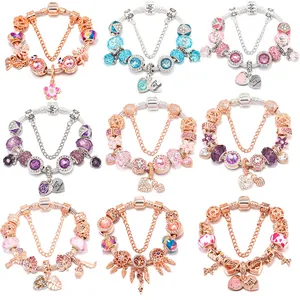 Fashion Alloy Crystal Beaded Charm Bracelet For Women Heart Tree Of Life Pendant Snake Chain Bracelet Mother's Day Jewelry