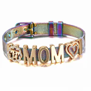 MOM-Armband aus Regenbogen-Edelstahlgewebe mit goldenem Herzanhänger und Diamanten