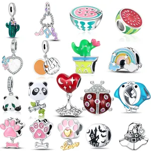 Alloy Enamel Cartoon Charm Beads For DIY Bracelet Necklace Watermelon Cactus Animal Halloween Night Sky Rhinestone Jewelry Findings