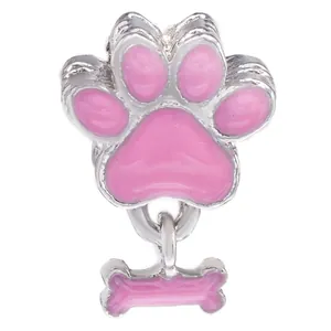Ciondolo zampa in smalto rosa e osso d'argento per bracciali con fori grandi