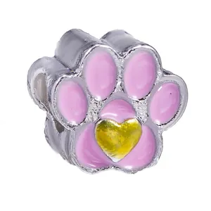 Charm a zampa d'argento con smalto rosa e cuore dorato per braccialetti fai da te