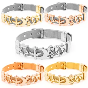 Stainless Steel Mesh Strap Bracelet Adjustable Watch Band Style Travel Charms Airplane Heart Star Moon Rhinestone Jewelry For Unisex