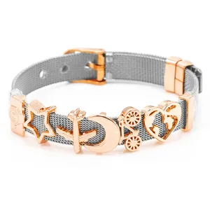 Adjustable stainless steel mesh bracelet with rose gold charms featuring star and heart