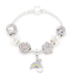 Pandora Style Snake Bone Bracelet For Women Alloy Rhinestone Crystal Rainbow Heart Star Moon Drip Oil Charms Bracelet