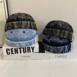 Retro Washed Denim Style Docker Hat Distressed Brimless Miki Hat For Men Women American Streetwear Round Top Skull Cap