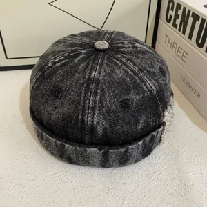Retro distressed washed denim docker hat with street style vintage gray finish
