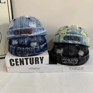 Vintage Distressed Denim Brimless Cap For Men Women American Streetwear Hip Hop Miki Hat Washed Docker Hat Letter Embroidery