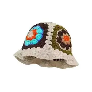 Handmade granny square crochet bucket hat with colorful floral knit patterns