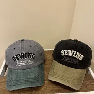 Vintage gewaschene Baumwoll-Baseballkappen mit SEWING-Stickerei in Grau/Grün und Schwarz/Khaki