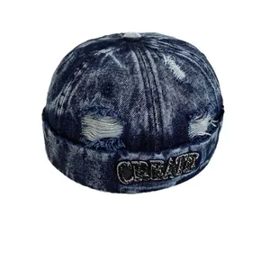 Vintage snowflake blue denim docker hat with CREATE embroidery and distressed details