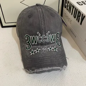 Close-up of vintage distressed grey baseball cap with high-quality 3D letter embroidery