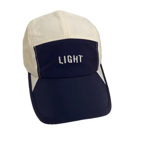 Retro five-panel baseball cap with blue and beige contrast blocks and LIGHT embroidery