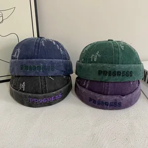 Retro Distressed Letter Embroidery Docker Hat Unisex Brimless Cotton Denim Washed Streetwear Melon Cap Outdoor Sunshade Hat