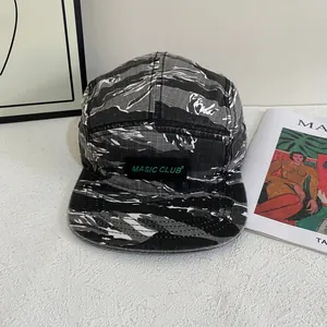 Tiger stripe camo 5-panel flat brim baseball cap with Masic Club patch for streetwear style