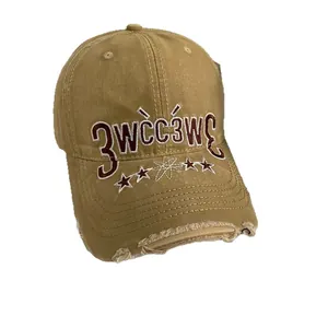 Vintage khaki baseball cap with 3WC embroidery and distressed brim for streetwear style