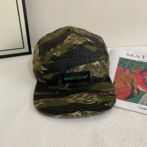 Tiger stripe camouflage flat brim baseball cap with Masic Club woven label on front